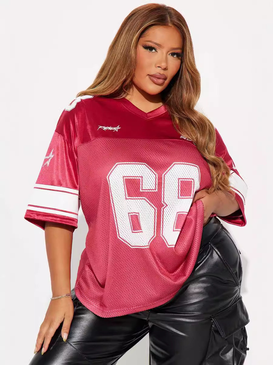 Camiseta de jersey de manga corta con cuello en V y estampado digital de patchwork holgado informal para mujer