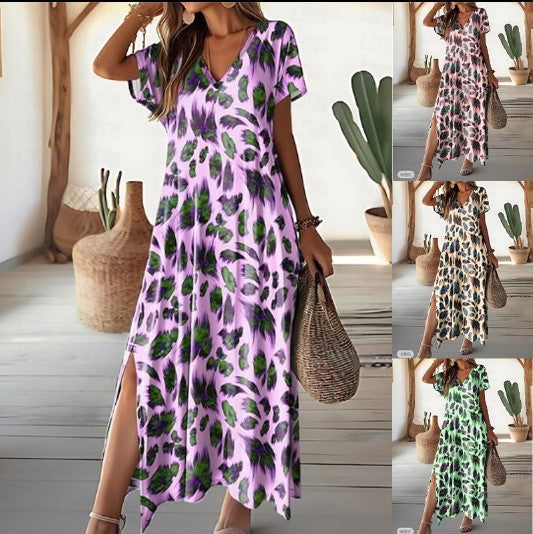 Women Casual Summer Graphic Feather Print Side Slit V-Neck Short Sleeve Regular Maxi Dress