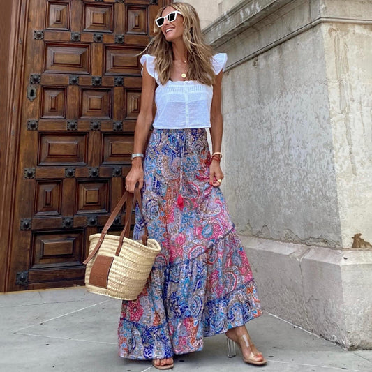 Falda estampada vintage informal para mujer, estilo bohemio, para vacaciones