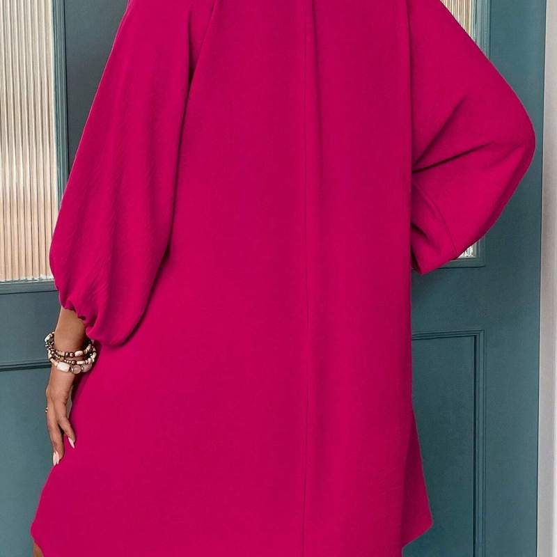 Women Fashion Casual Solid Color V-Neck Long Sleeve Plus Size Dress
