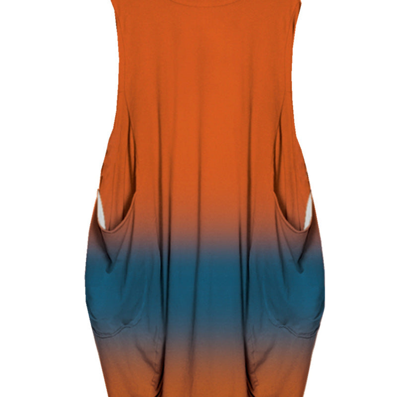 Women Casual Gradient Color Printed High Waist Plus Size Sleeveless Dress