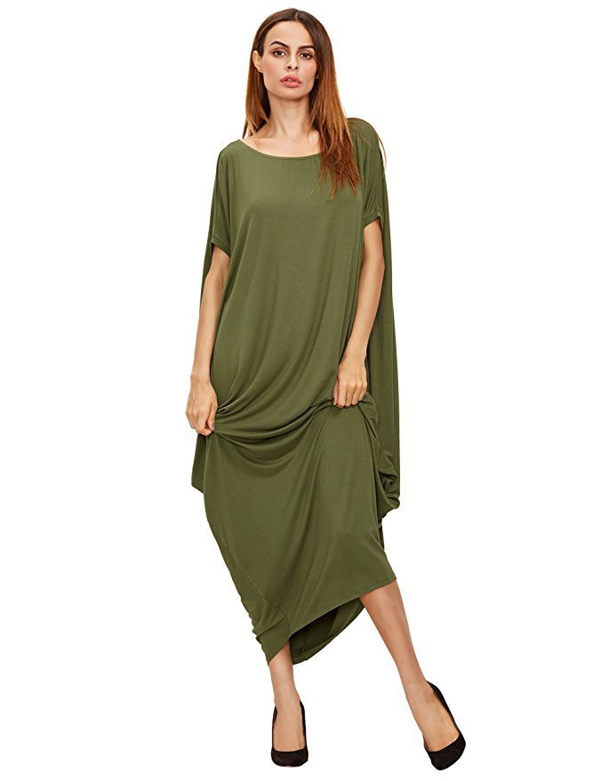 Women Fashion Casual Loose Solid Color Maxi Dress