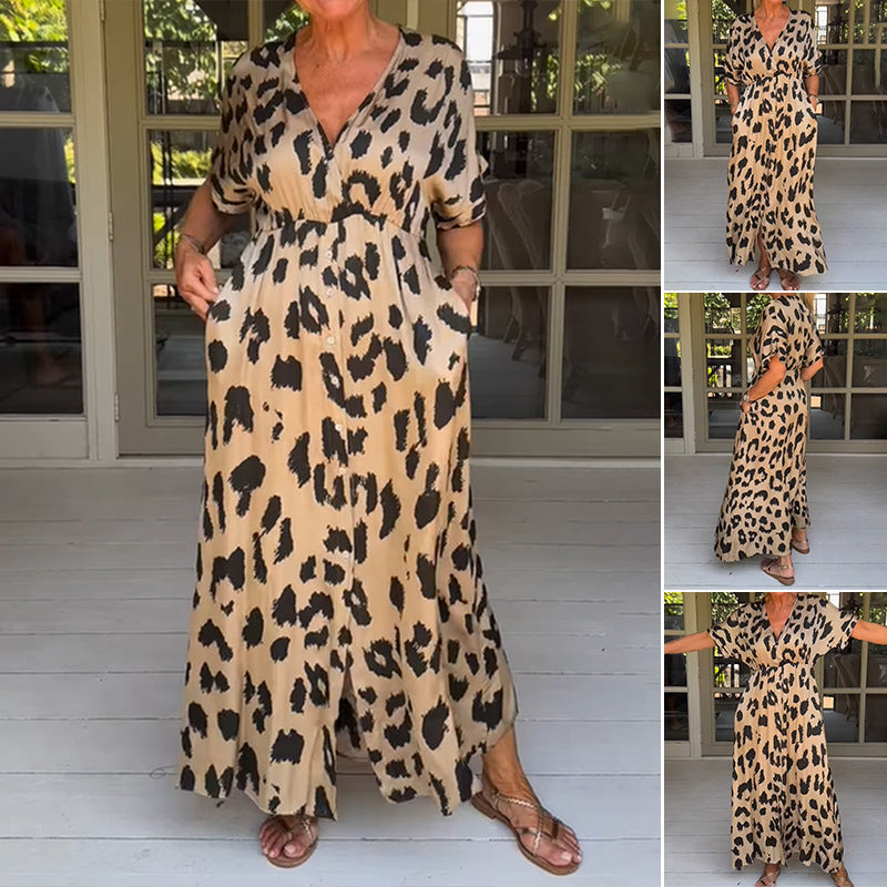 Women Loose Casual V-Neck Leopard Printed Split Dress