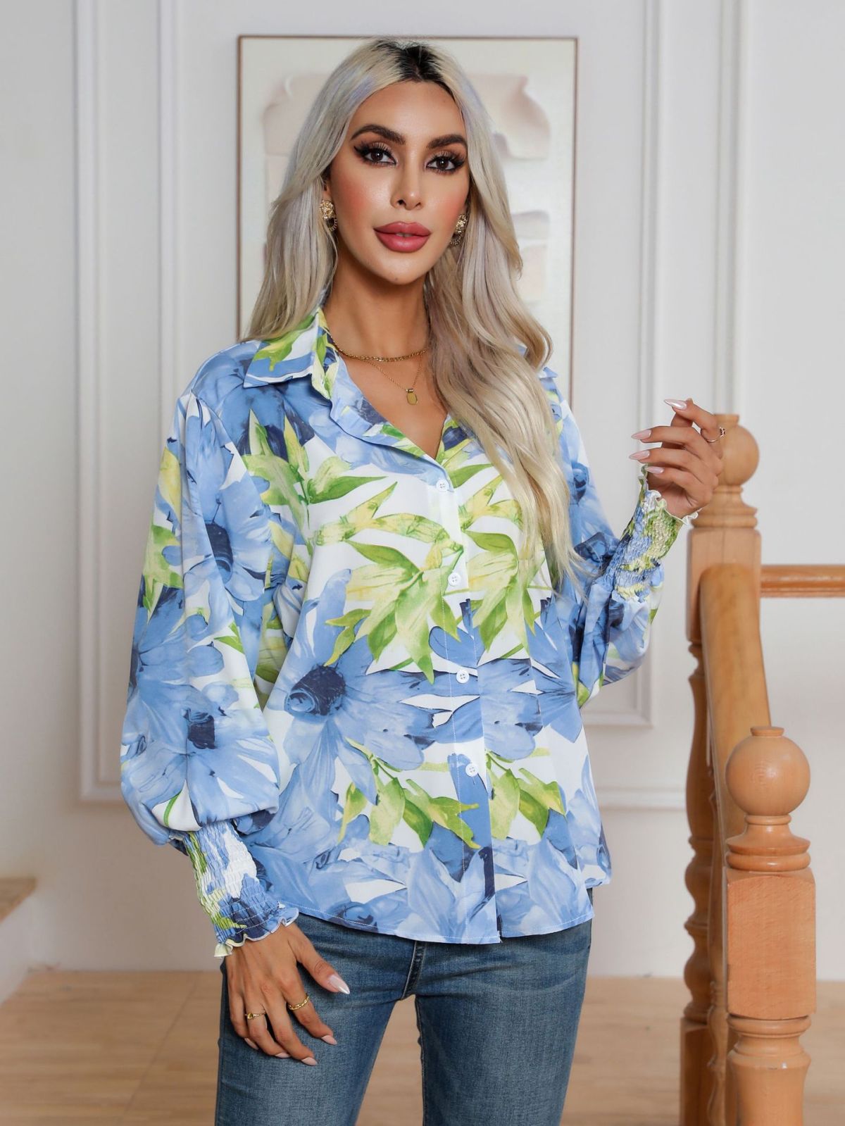 Camisa informal de manga larga con estampado floral para mujer