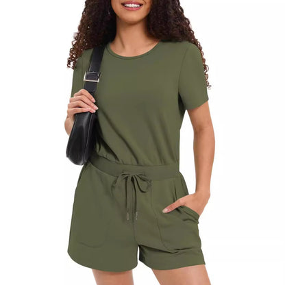 Women Casual Summer Short-Sleeved Loose Round Neck Solid Color Basic Rompers