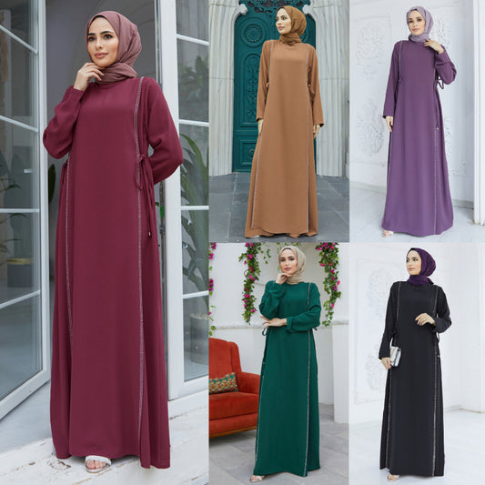 Women Casual Solid Color Rhinestone Abaya Long Sleeve Maxi Dress