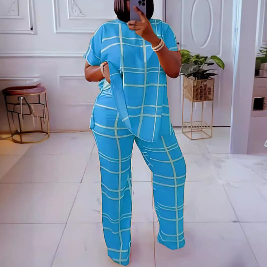 Conjunto de dos piezas informal de talla grande para mujer, con estampado a cuadros, manga corta, pantalones anchos