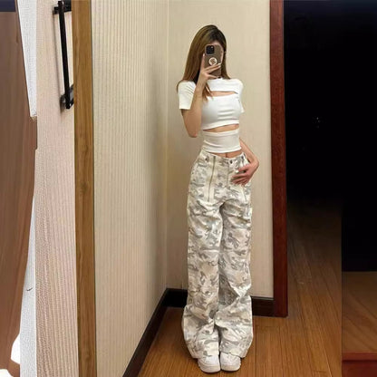 Women Retro Loose Camouflage Print Zip Casual Pants