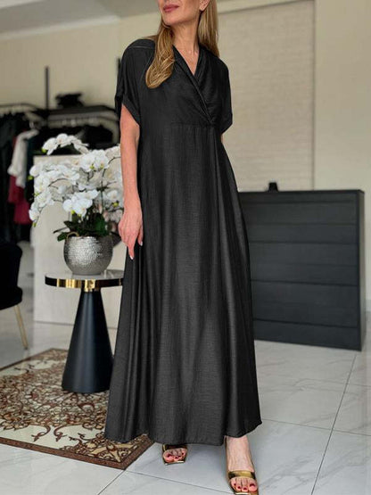 Women Casual Loose Solid Color V-Neck Short Sleeve Dress