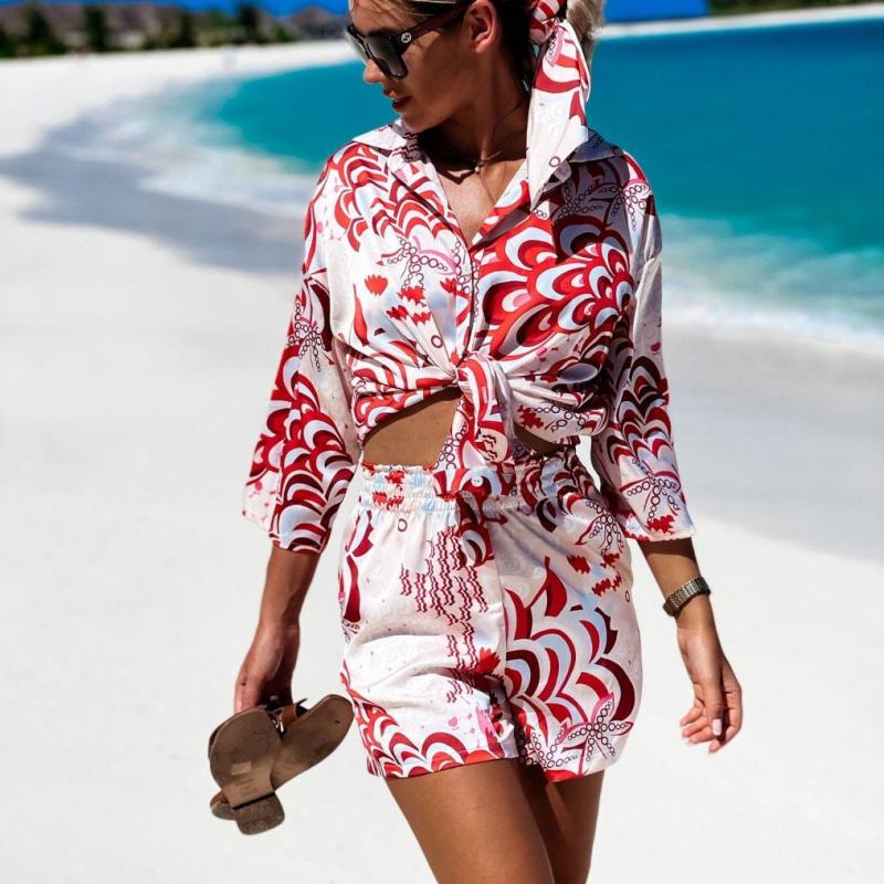 Conjunto informal de dos piezas con estampado multicolor para mujer, estilo vacaciones de verano