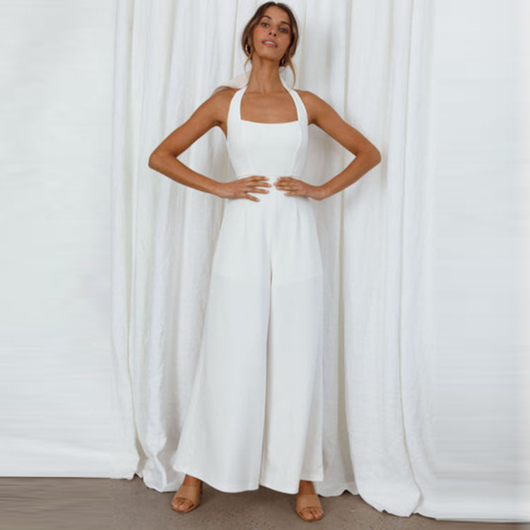Women Simple Fashion Casual Halter Neck Backless Wide Leg Jumpsuits
