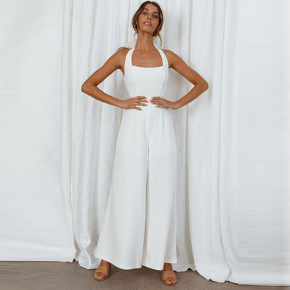Women Simple Fashion Casual Halter Neck Backless Wide Leg Jumpsuits