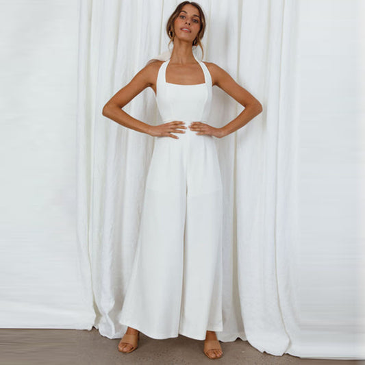 Women Simple Fashion Casual Halter Neck Backless Wide Leg Jumpsuits
