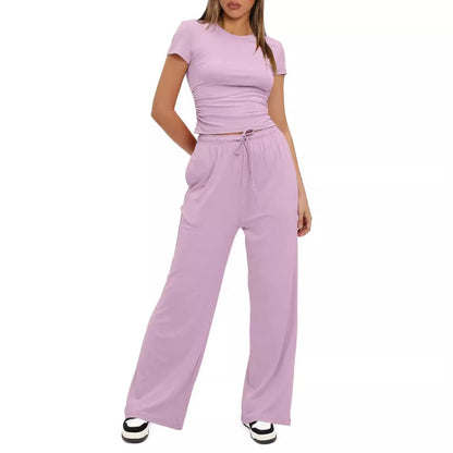 Conjunto deportivo informal de color liso para mujer, con top de manga corta y cintura alta y pantalones anchos