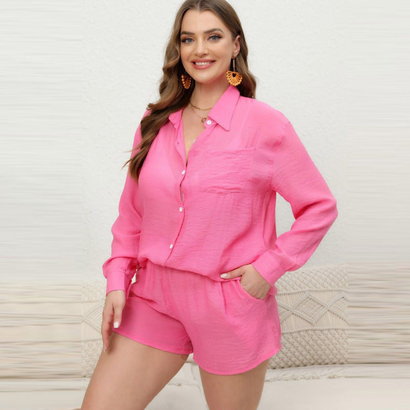 Women Casual Solid Color Plus Size Long Sleeve Shirt Loose Shorts Two-Piece Set