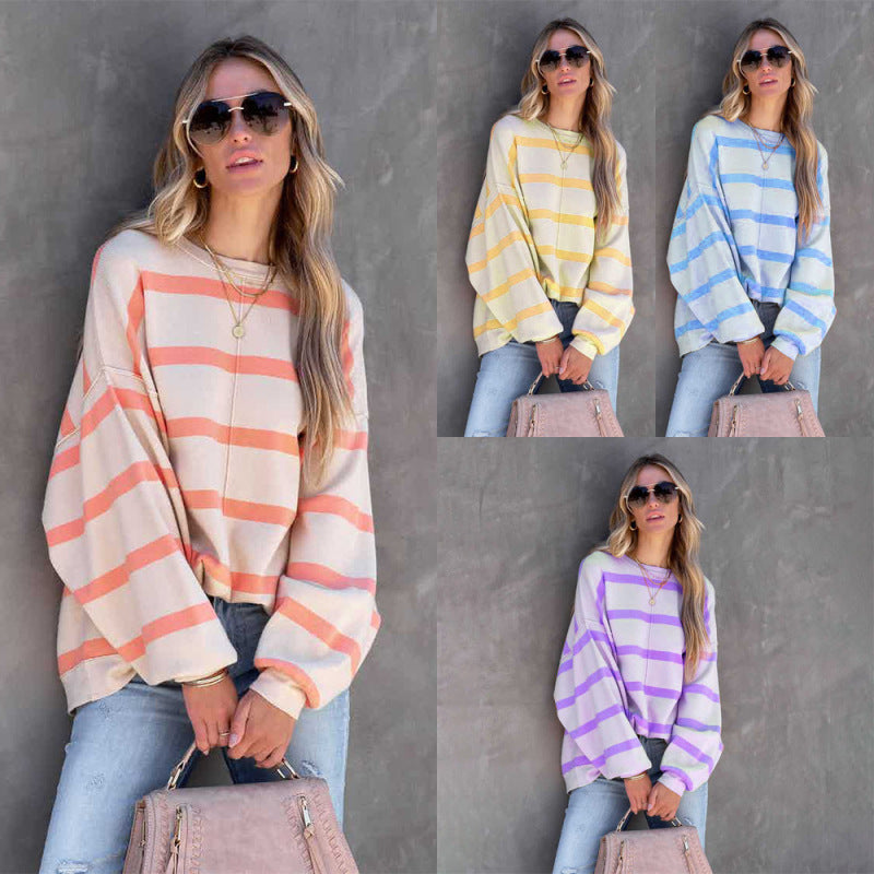 Autumn And Winter Fashion Stripe Print Long-Sleeved Casual Loose Top
