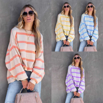 Autumn And Winter Fashion Stripe Print Long-Sleeved Casual Loose Top