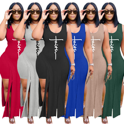Conjunto informal sin mangas con estampado de letras Faith para mujer, camiseta sin mangas con dobladillo irregular y pantalón corto de color liso