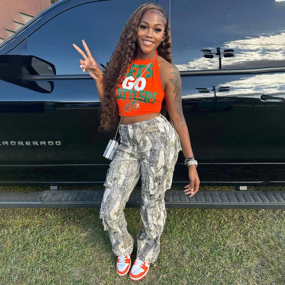 Women Fashion Casual Camouflage Stitching High Waist Pocket Slim-Fit Pants