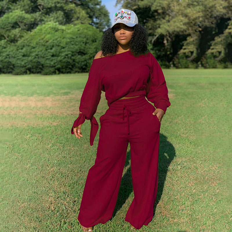 Conjunto de sudadera y pantalones de manga larga de color liso informal a la moda para mujer