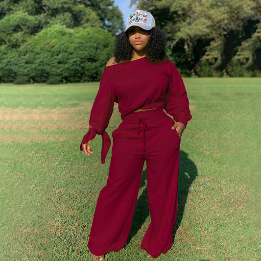 Conjunto de sudadera y pantalones de manga larga de color liso informal a la moda para mujer