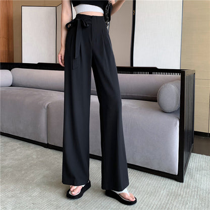 Women Fashion Casual Solid Color Bowknot Office Chic Wide Leg Pants