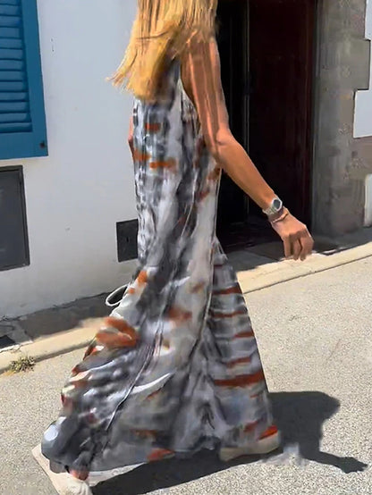 Summer Fashion Casual Women Tie Dye Print V Neck Sleeveless Maxi Dress