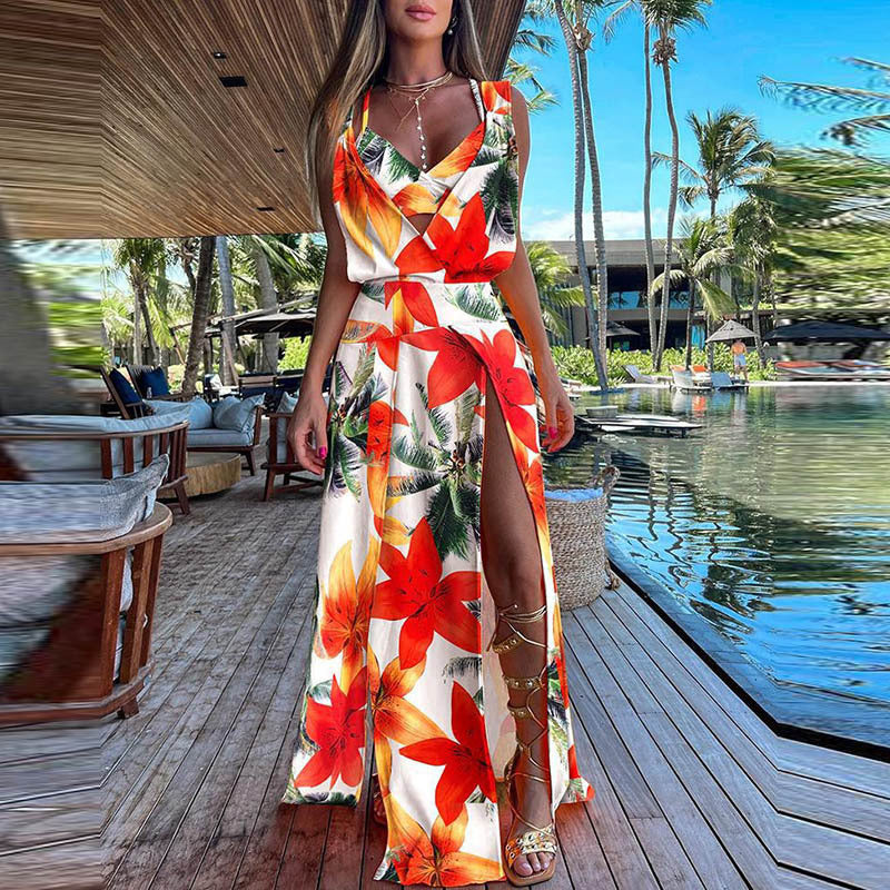 Vestido largo informal de moda para mujer, con estampado floral, sin mangas y abertura lateral