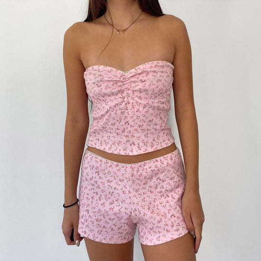 Conjunto de top y pantalones cortos de encaje con estampado floral informal para mujer para vacaciones de verano