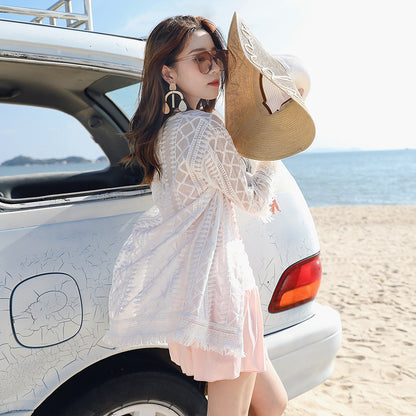 Women Casual Boho Lace Chiffon Tassel Sun-Protective Cover Up