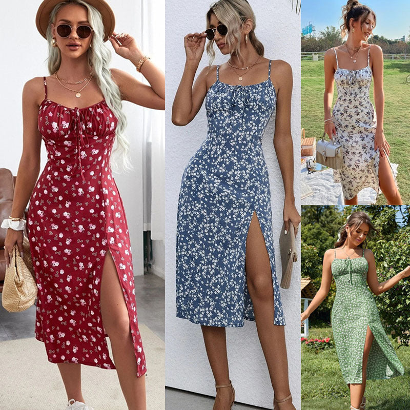 Summer Women Tiny Floral Print Spaghetti Strap Casual Vacation Dress
