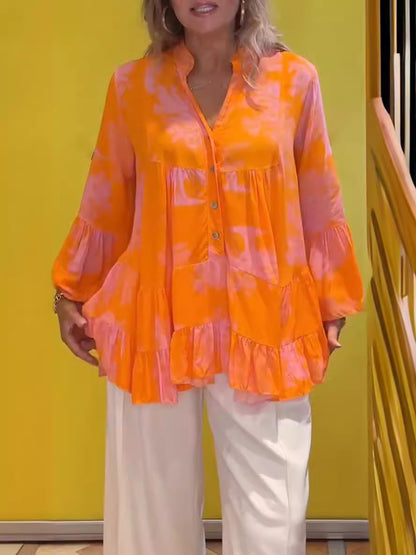Blusa informal de verano con volantes y manga larga con estampado irregular para mujer