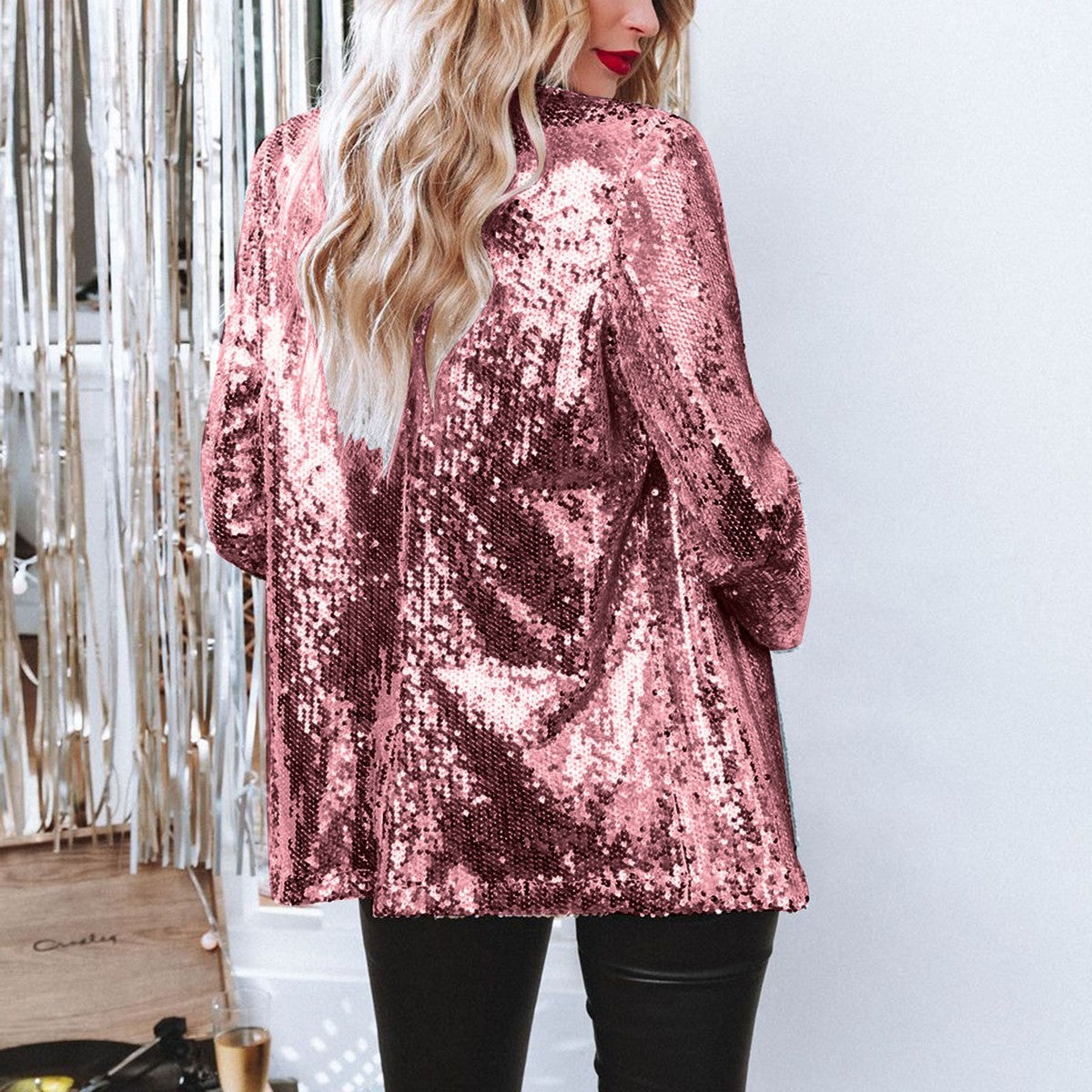 Chaqueta informal de manga larga con solapa y lentejuelas de color liso para mujer
