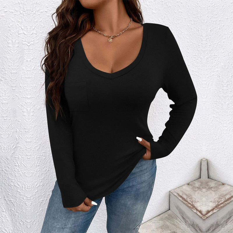 Women Fashion Casual Solid Color V-Neck Long Sleeve Plus Size Top