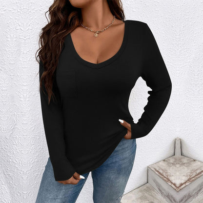 Women Fashion Casual Solid Color V-Neck Long Sleeve Plus Size Top