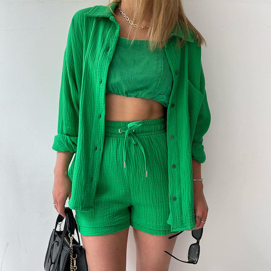 Conjunto informal de dos piezas para mujer, con solapa plisada, manga larga y pantalones cortos de cintura alta, color liso