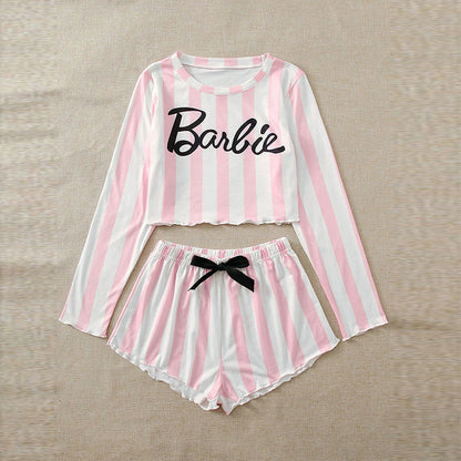 Conjunto de pijama informal para mujer, con estampado de letras y rayas anchas en color rosa, de manga larga, con top corto y pantalones cortos con lazo