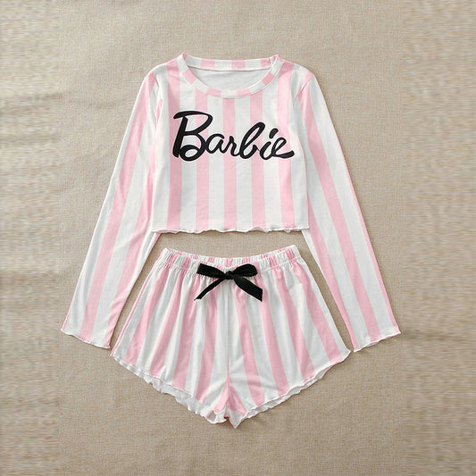Conjunto de pijama informal para mujer, con estampado de letras y rayas anchas en color rosa, de manga larga, con top corto y pantalones cortos con lazo