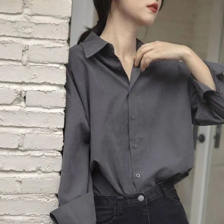 Women Fashion Office Casual Solid Color Long Sleeve Lapel Shirt Blouse