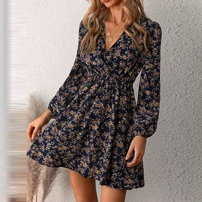 Women Fall Winter Casual V-Neck Floral Printed Loose Long Sleeve Dress