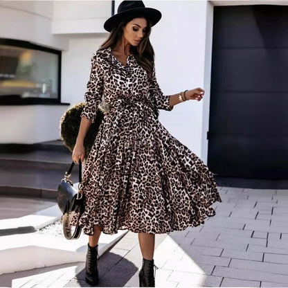 Vestido midi informal con estampado de leopardo y manga larga para mujer, otoño e invierno