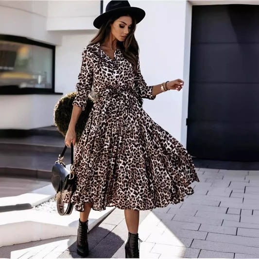 Vestido midi informal con estampado de leopardo y manga larga para mujer, otoño e invierno