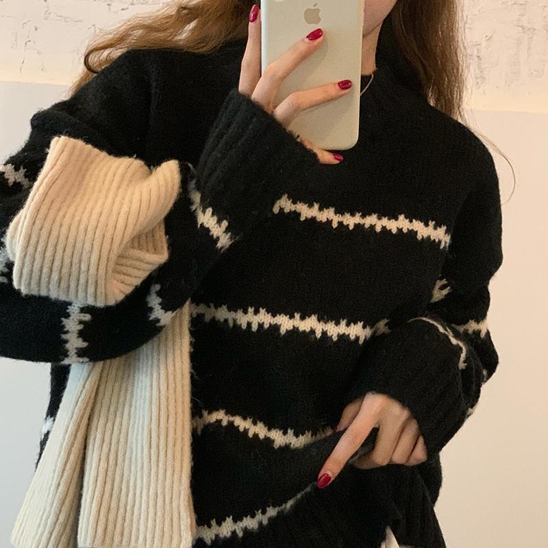 Women Autumn Winter Casual Classic Stripes Round Neck Loose Knitted Sweater