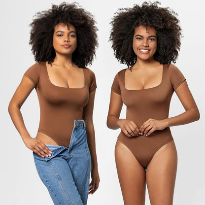 Women Fashion Casual Square Collar Tight Basic Solid Color Slim-Fit Plus Size Short-Sleeve Bodysuit