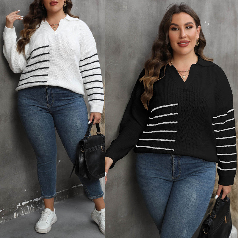 Suéter holgado informal de punto con cuello en V y solapa a rayas para mujer, talla grande, para invierno y otoño