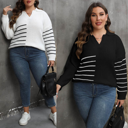 Suéter holgado informal de punto con cuello en V y solapa a rayas para mujer, talla grande, para invierno y otoño