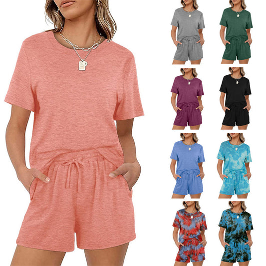 Conjunto de camiseta básica informal de verano para mujer, de manga corta, color liso, con bolsillos y lazo elástico