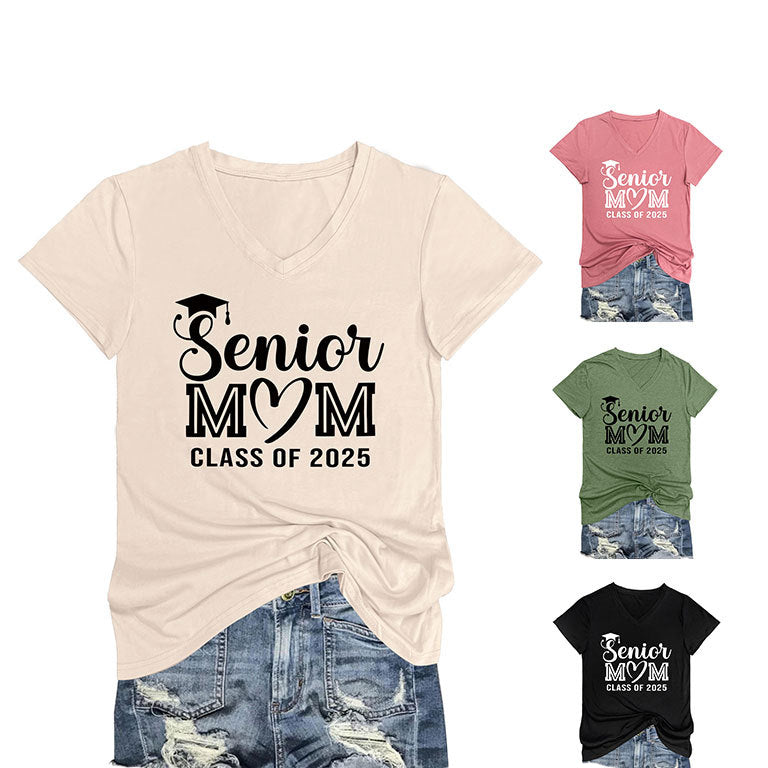 Camiseta informal de verano para mujer, color liso, con estampado de letras Mom, cuello en V y manga corta 2025