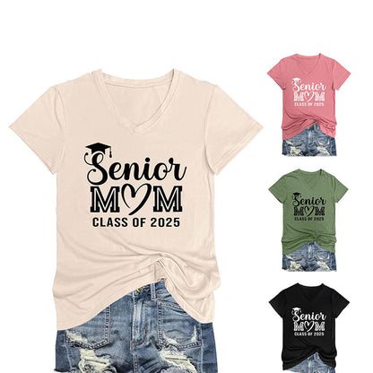 Camiseta informal de verano para mujer, color liso, con estampado de letras Mom, cuello en V y manga corta 2025