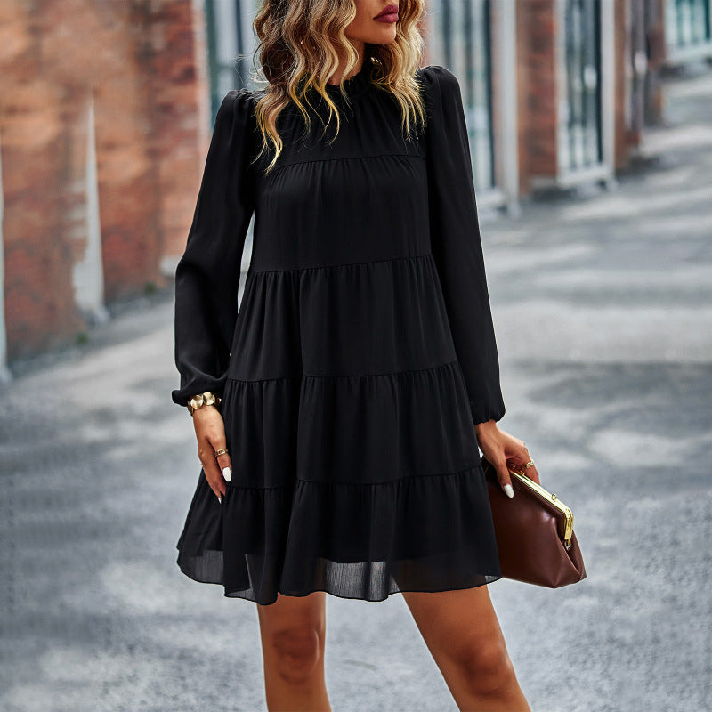 Women Casual Solid Color Stitching Round Neck Loose Long Sleeve Dress